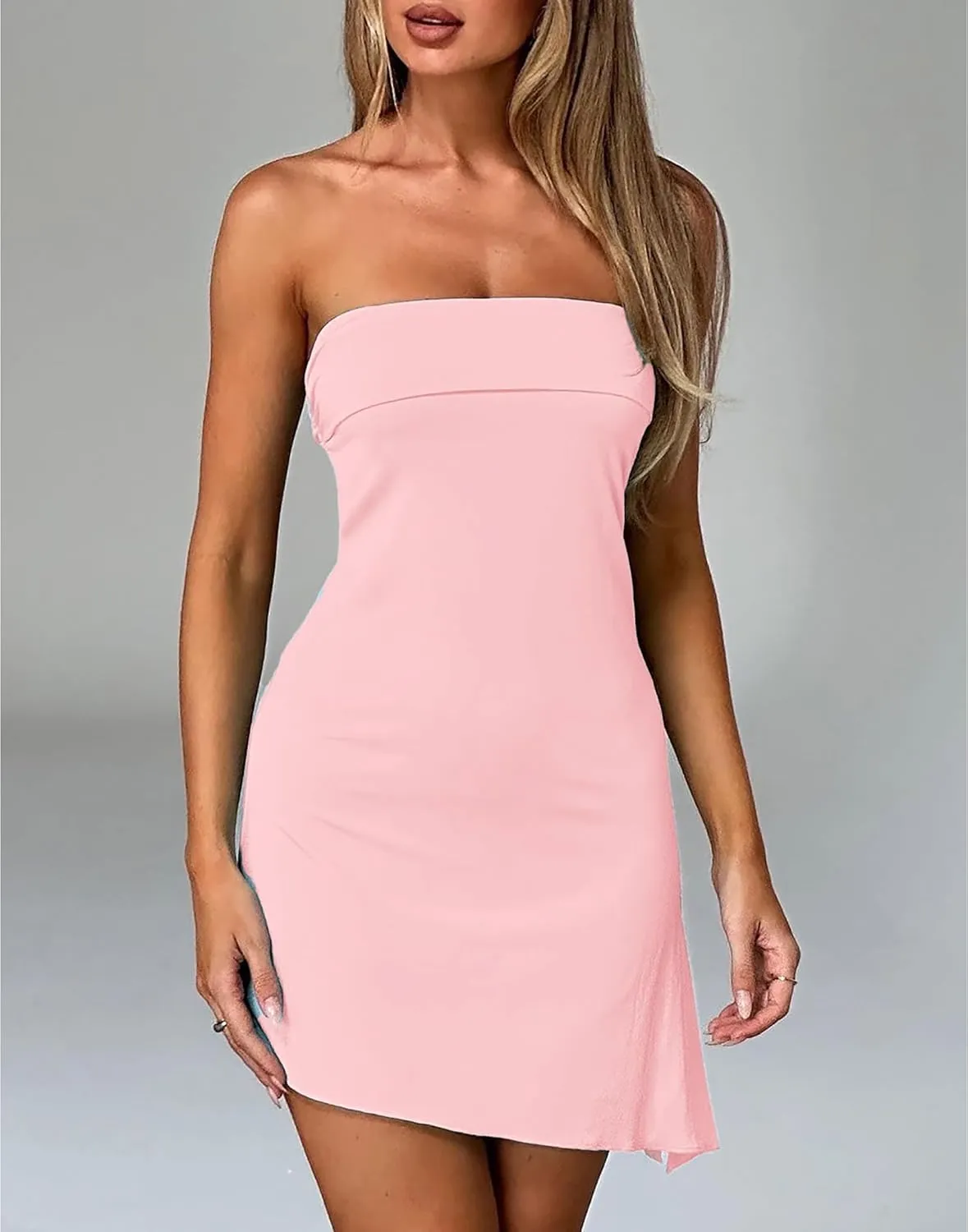 HYPERFIRE Women's Summer Strapless Tube Mini Dress Asymmetrical Slit Cut Out Back Dresses Cocktail