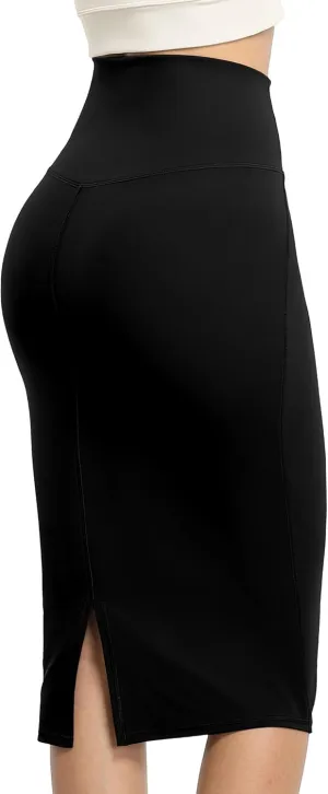 icyzone Women's Midi High Waist Pencil Skirts with Back Slit, Stretchy Casual Work Bodycon Skirts for Women