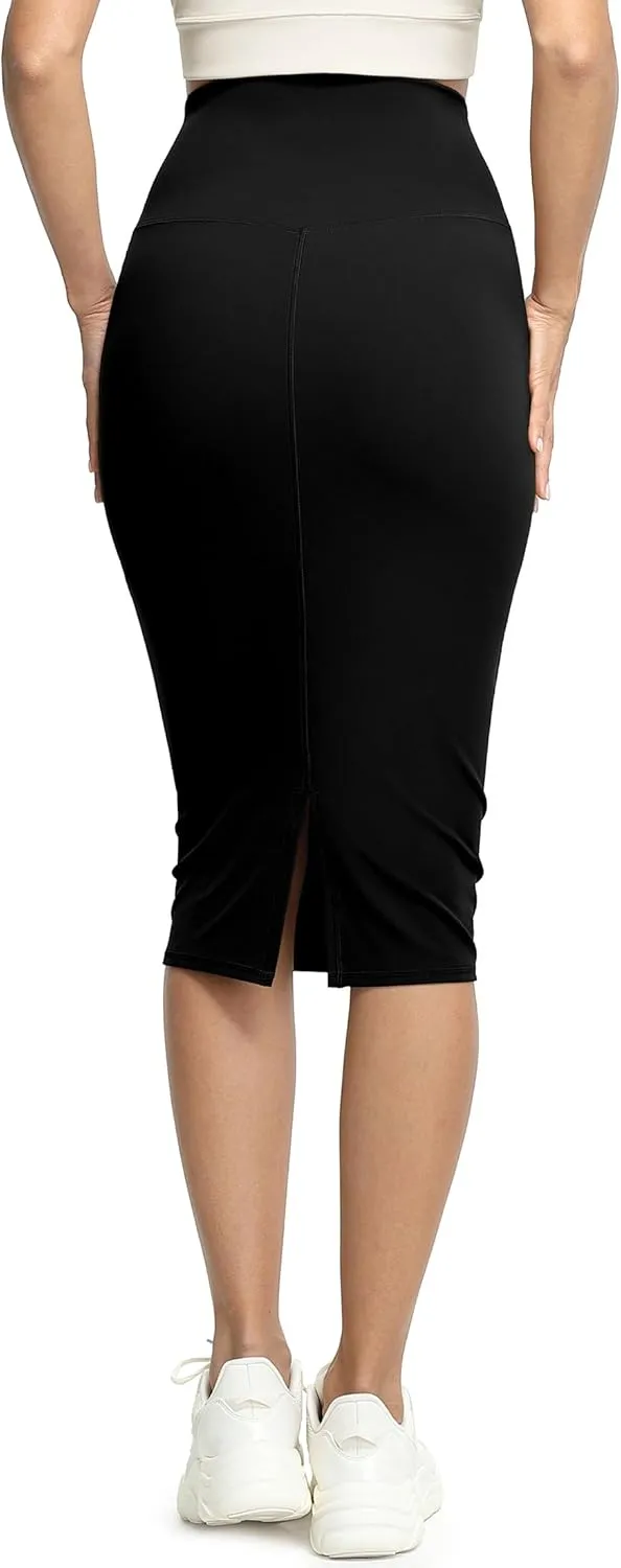 icyzone Women's Midi High Waist Pencil Skirts with Back Slit, Stretchy Casual Work Bodycon Skirts for Women