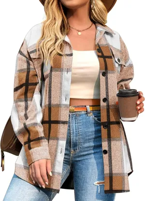IN'VOLAND Womens Plus Size Shacket Jacket Flannel Plaid Long Sleeve Button Down Shirts Casual Fall Blouses Tops