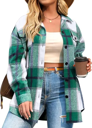 IN'VOLAND Womens Plus Size Shacket Jacket Flannel Plaid Long Sleeve Button Down Shirts Casual Fall Blouses Tops