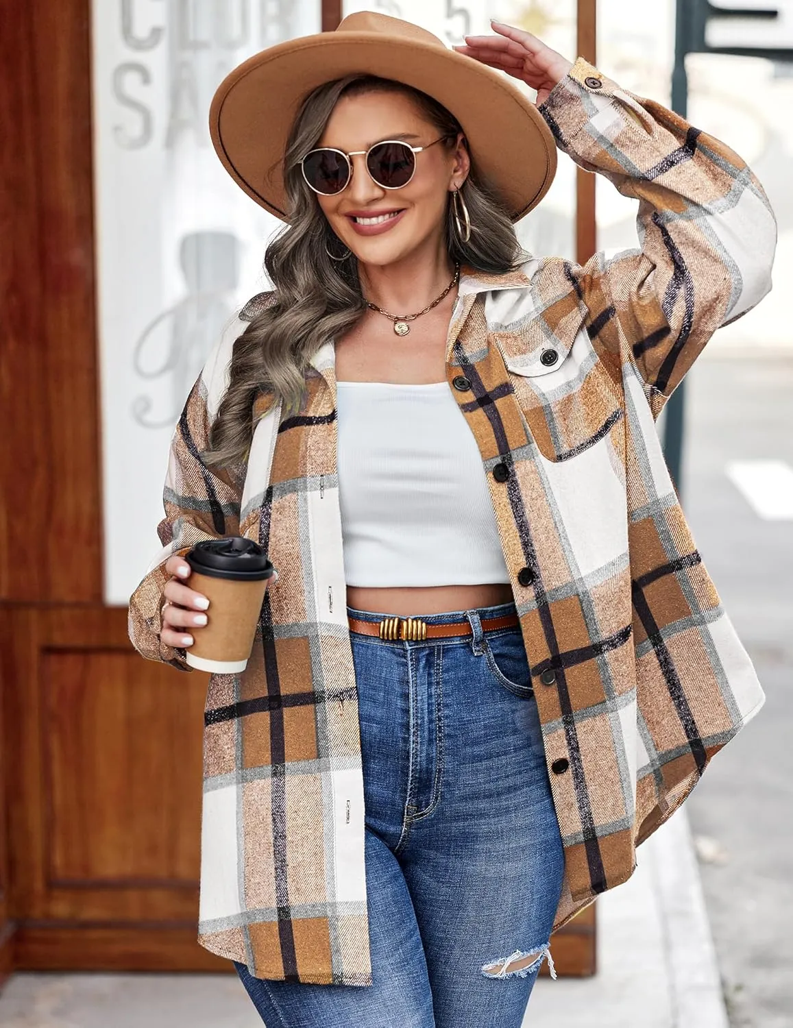 IN'VOLAND Womens Plus Size Shacket Jacket Flannel Plaid Long Sleeve Button Down Shirts Casual Fall Blouses Tops
