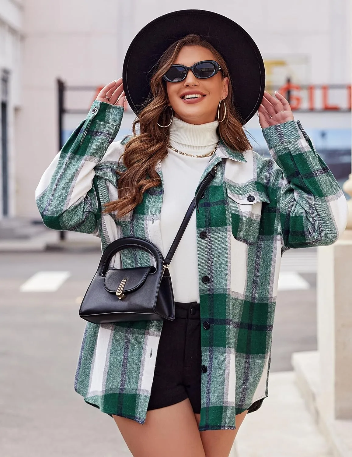 IN'VOLAND Womens Plus Size Shacket Jacket Flannel Plaid Long Sleeve Button Down Shirts Casual Fall Blouses Tops