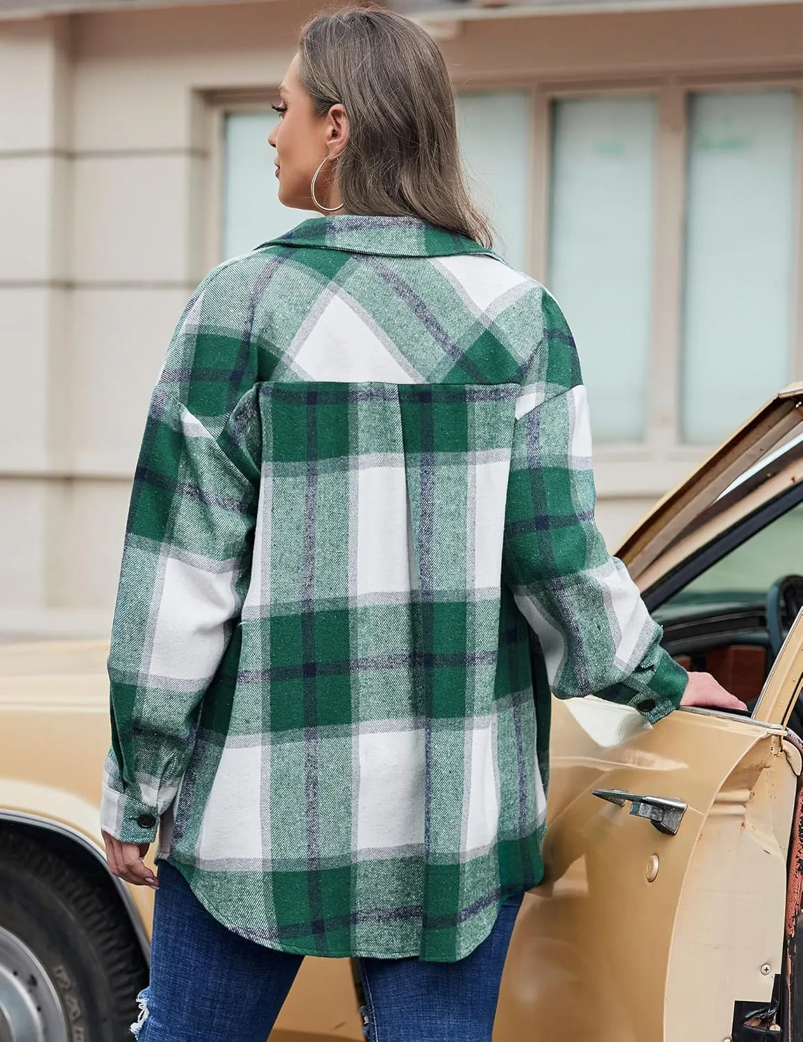 IN'VOLAND Womens Plus Size Shacket Jacket Flannel Plaid Long Sleeve Button Down Shirts Casual Fall Blouses Tops
