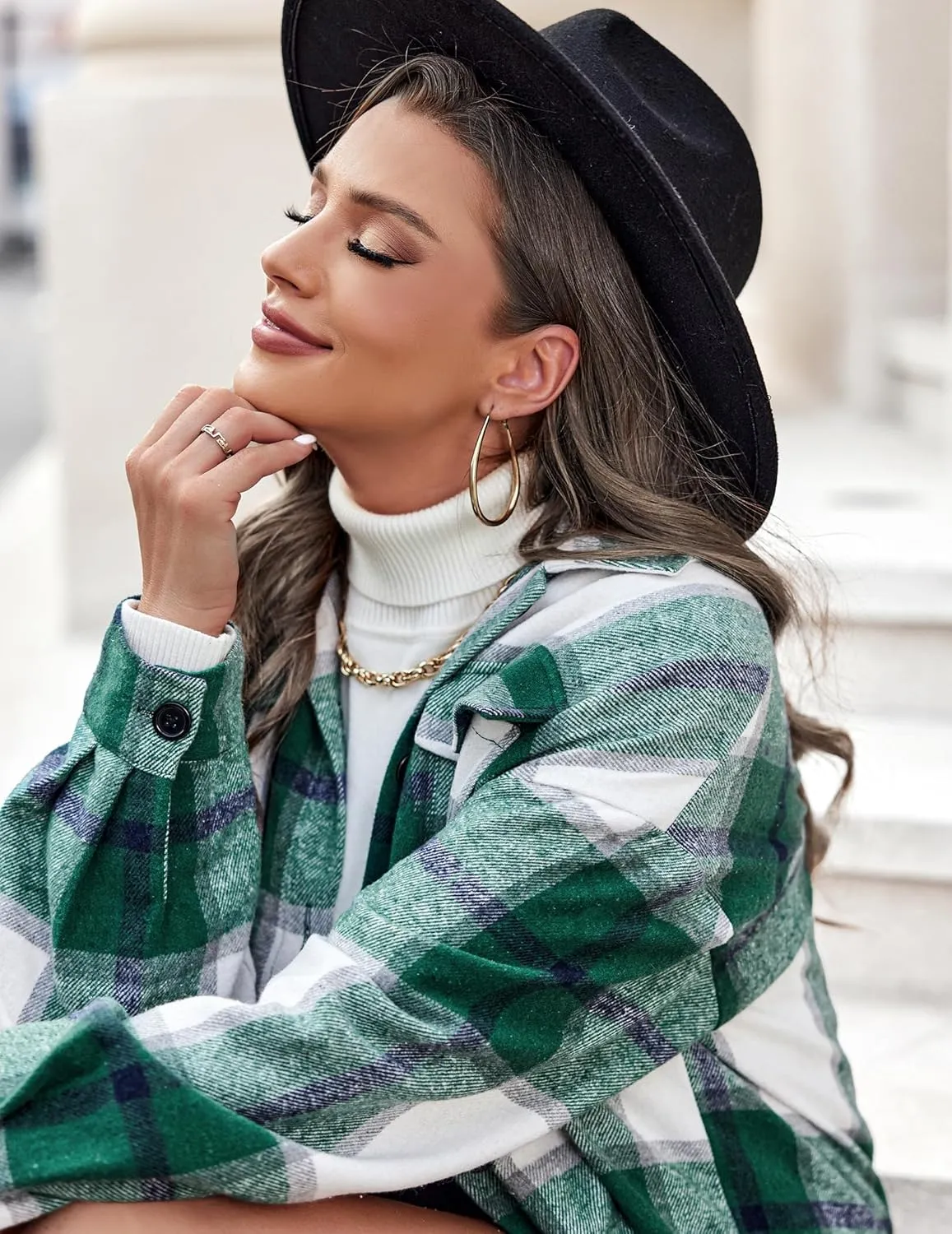 IN'VOLAND Womens Plus Size Shacket Jacket Flannel Plaid Long Sleeve Button Down Shirts Casual Fall Blouses Tops