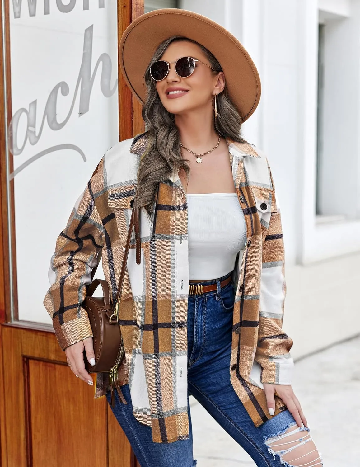 IN'VOLAND Womens Plus Size Shacket Jacket Flannel Plaid Long Sleeve Button Down Shirts Casual Fall Blouses Tops