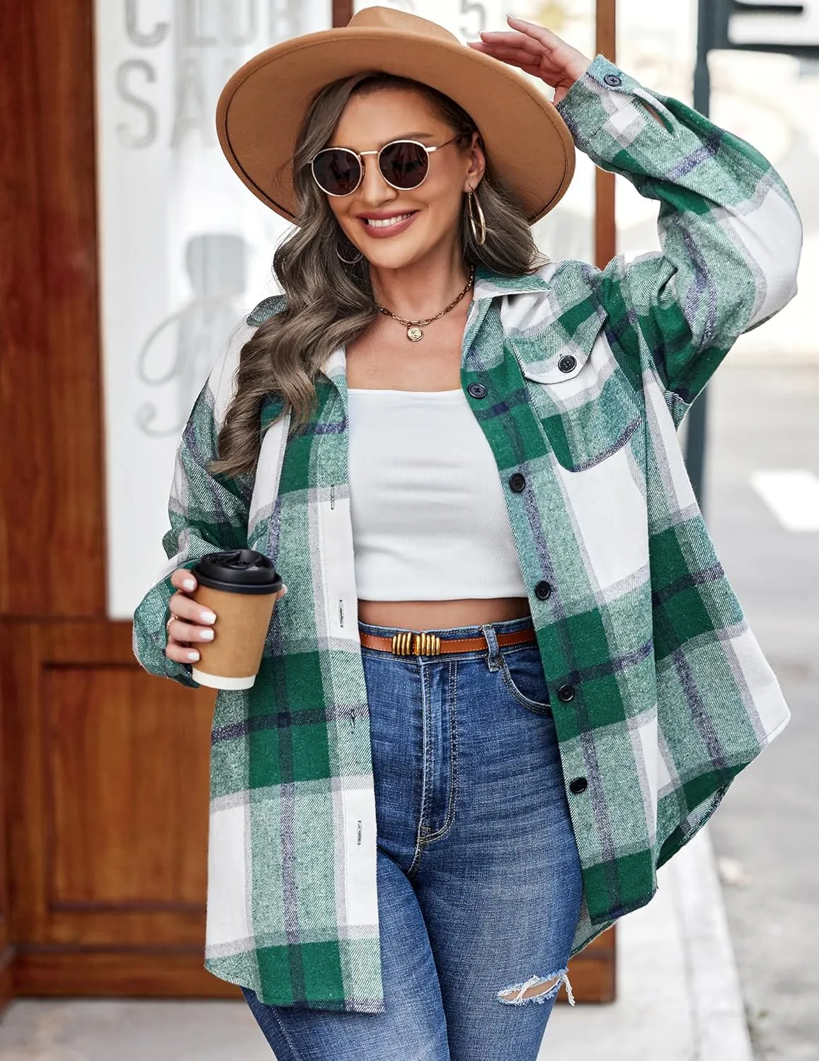 IN'VOLAND Womens Plus Size Shacket Jacket Flannel Plaid Long Sleeve Button Down Shirts Casual Fall Blouses Tops