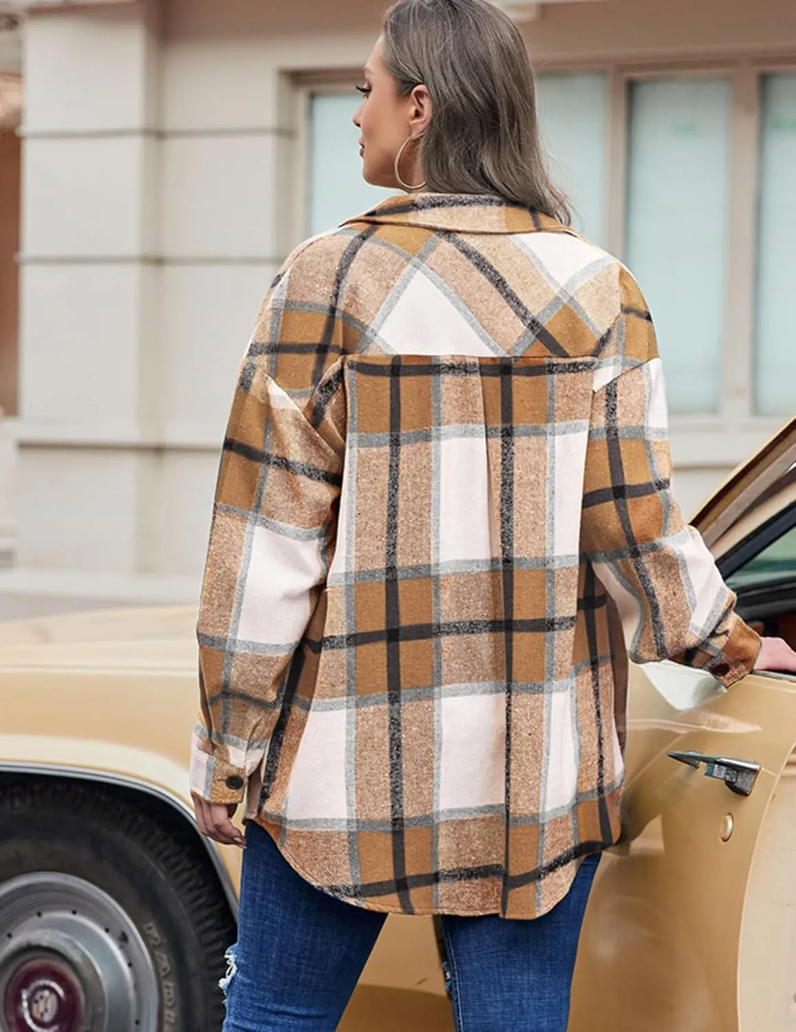 IN'VOLAND Womens Plus Size Shacket Jacket Flannel Plaid Long Sleeve Button Down Shirts Casual Fall Blouses Tops