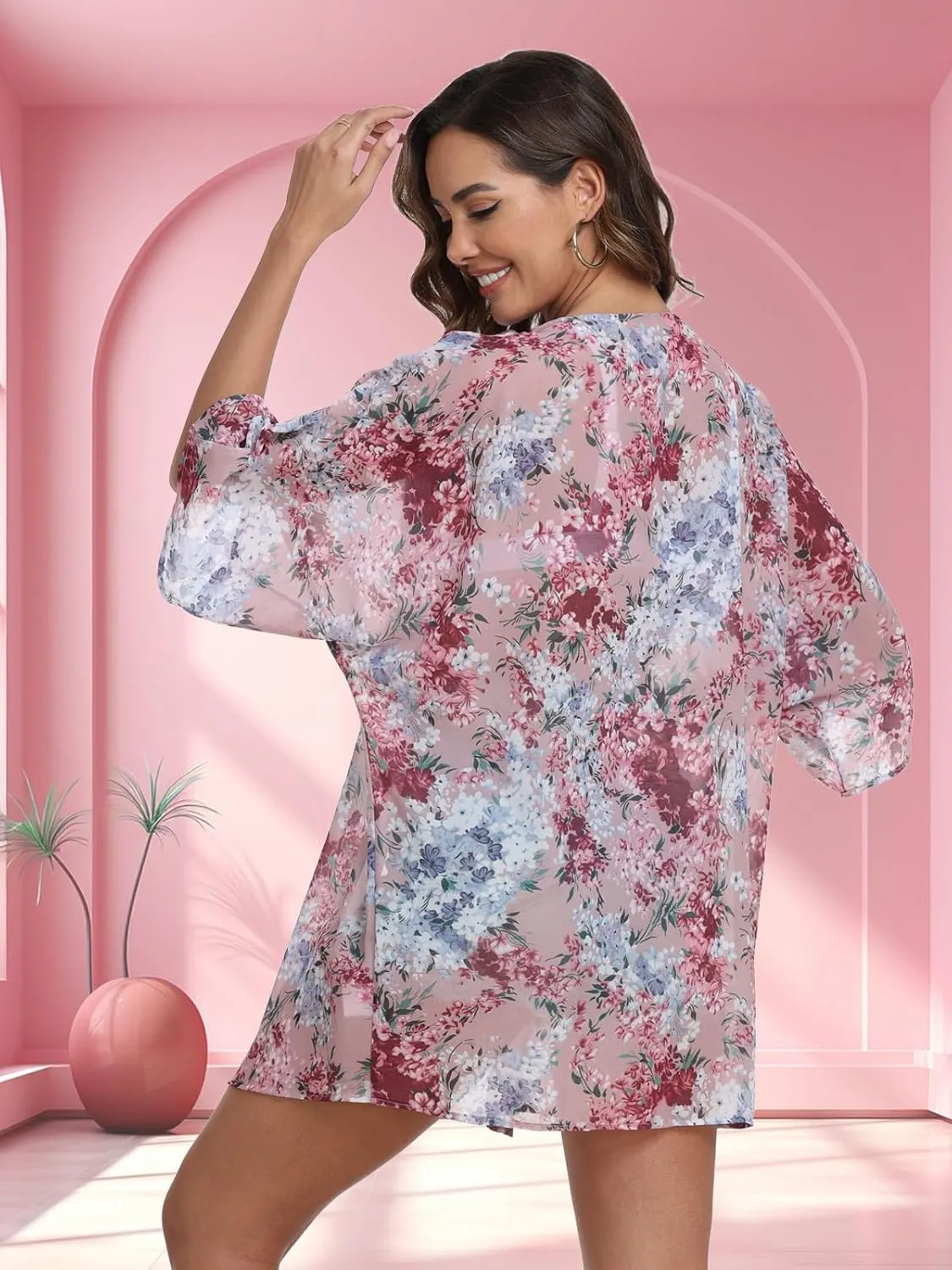 KirGiabo Women's Floral Print Kimonos Loose Tops Half Sleeve Shawl Chiffon Cardigan Casual Beach Cover Ups