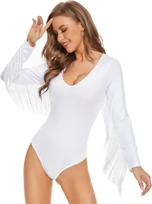 Komorebi Women's Fringe Trim V Neck Long Sleeve Bodysuit Top Cowgirl Outfits Disco Outfit Bodycon Leotard Fitted Stretchy Top