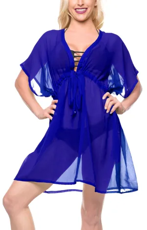 LA LEELA Bikni Swimwear Chiffon Solid Swimsuit Cover Up OSFM 14-24 [L-3X] Royal Blue_926