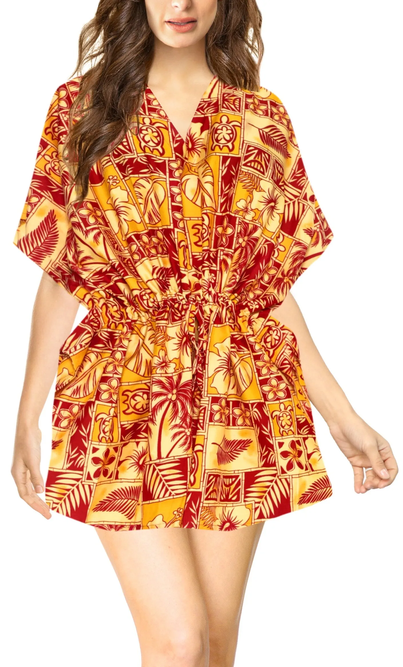 LA LEELA Bikni Swimwear Soft fabric Printed Beachwear Loose Cover Up OSFM 16-28W [XL- 4X] Blood Red_O235