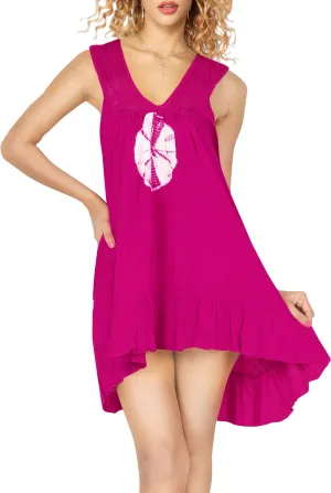La Leela Rayon Evening Swimwear Swimsuit Bikini Casual Sleeveless Beach Dress Pink_White