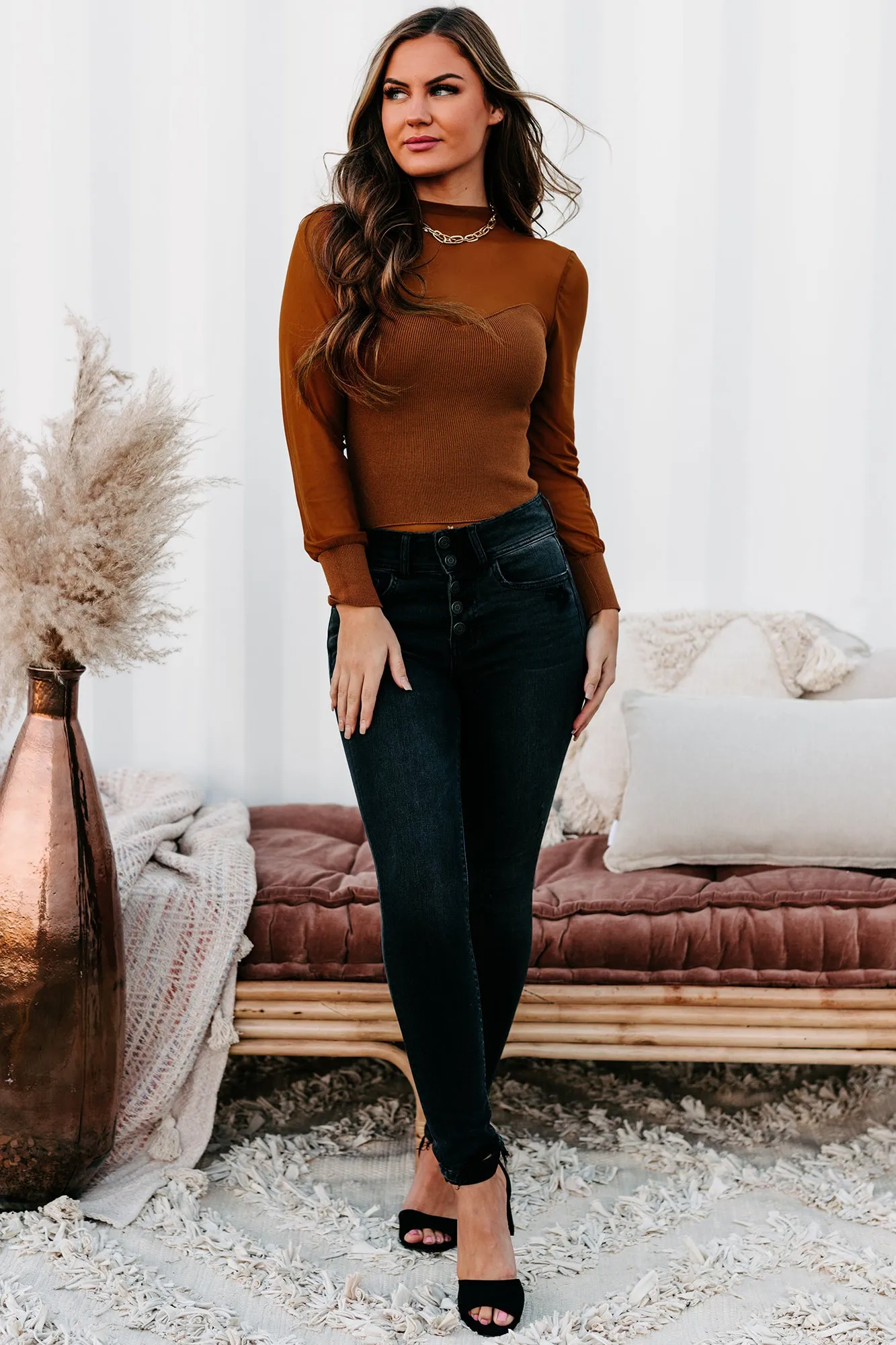Manipulating You Mesh Sleeve Bodysuit (Camel)