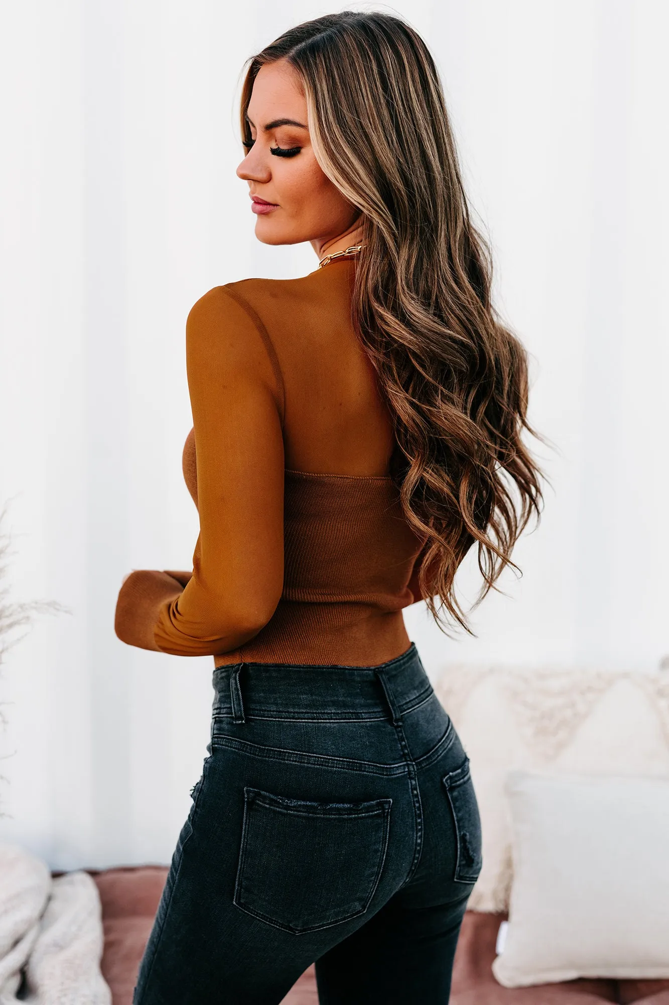 Manipulating You Mesh Sleeve Bodysuit (Camel)