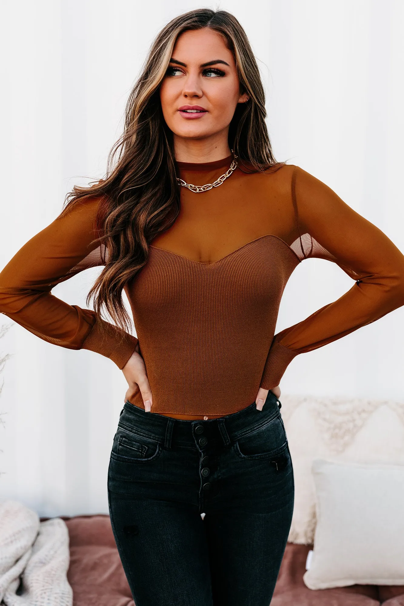 Manipulating You Mesh Sleeve Bodysuit (Camel)