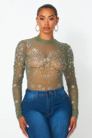 Marilyn Rhinestone Mesh Long Sleeve Bodysuit