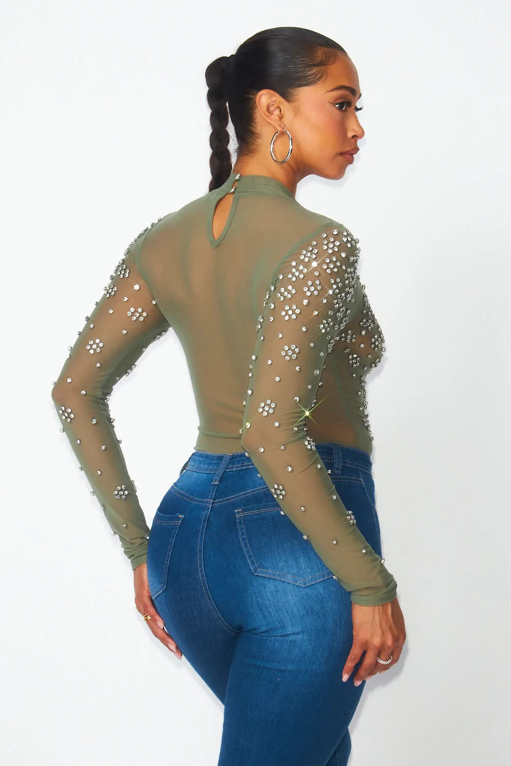 Marilyn Rhinestone Mesh Long Sleeve Bodysuit