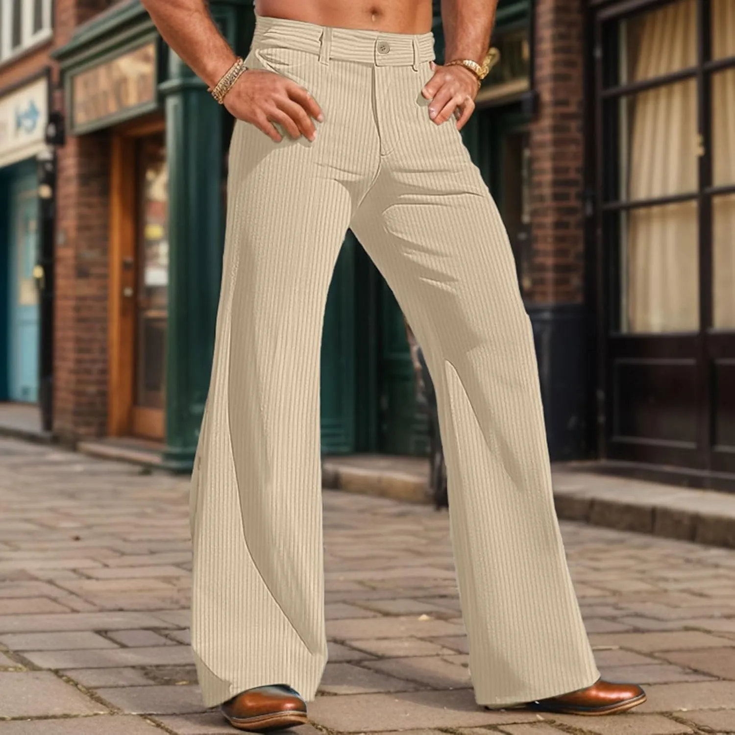 Men's Corduroy Flared Pants Breathable Lightweight Flat Front Bell-Bottoms Streetwear Casual Comfy Bootcut Trousers