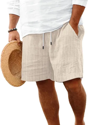 Mens Linen Shorts Casual Drawstring Elastic Waist Summer Beach Vacation Shorts with Pocket