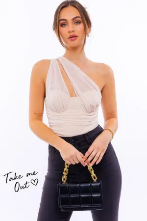 mesh ruched one shoulder bodysuit