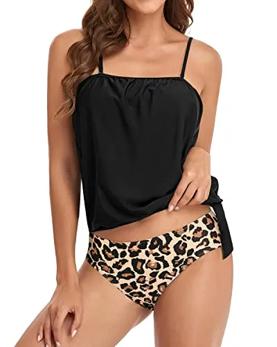 Modest And Sexy Bandeau Tankini Tops For Women Swimwear-Black And Leopard