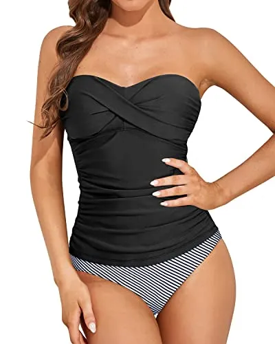 Modest Two Piece Bandeau Tankini With Swim Shorts-Black Stripe