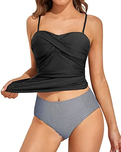 Modest Two Piece Bandeau Tankini With Swim Shorts-Black Stripe