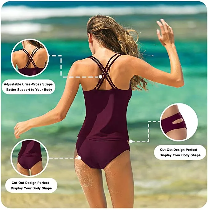 New HAIVIDO Women's V Neck Tankini Set Criss Cross Back Tankini Top with Bikini Bottom Two Piece Bathing Suit in Burgundy, Sz L! Retails $80 