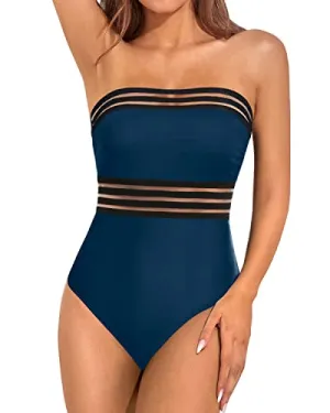 One Piece Slimming Bandeau Tube Swimswear With Tummy Control-Teal