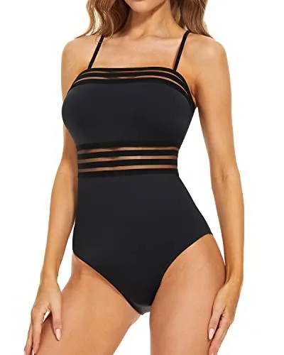 One Piece Swimsuits With Tummy Control Strapless Bathing Suits For Women-Black