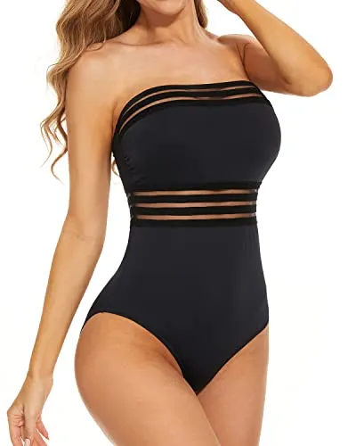 One Piece Swimsuits With Tummy Control Strapless Bathing Suits For Women-Black