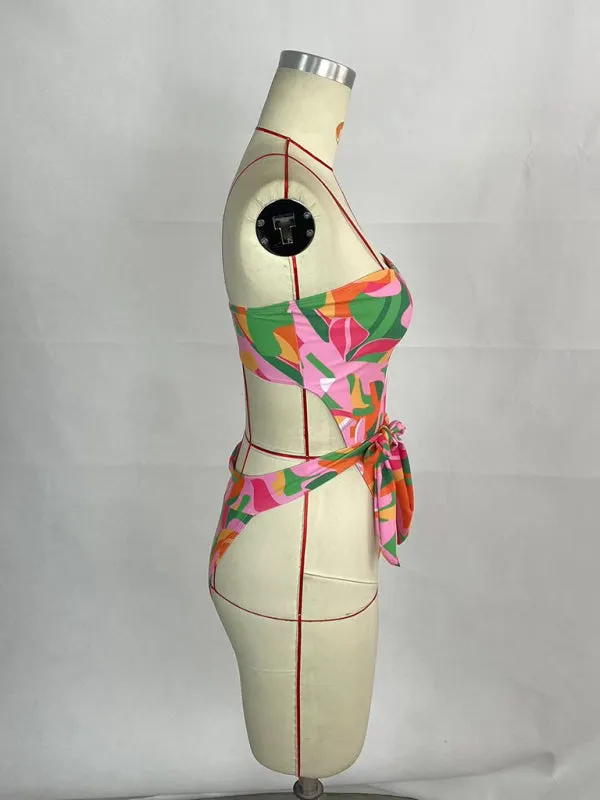 One-Piece Tube Belted Backless Swimwear in Tropical Print