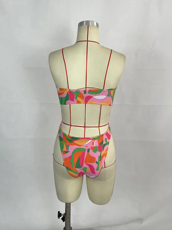 One-Piece Tube Belted Backless Swimwear in Tropical Print