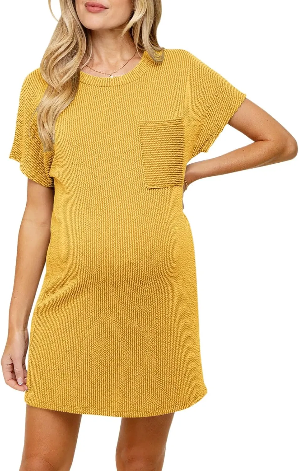 Onedreamer Women's Maternity Dress Rib Knit Front Pocket Dolman Short Sleeve T Shirts Dress