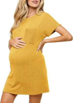 Onedreamer Women's Maternity Dress Rib Knit Front Pocket Dolman Short Sleeve T Shirts Dress