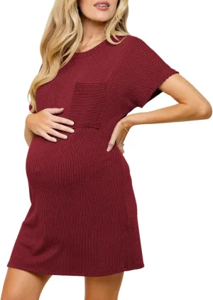 Onedreamer Women's Maternity Dress Rib Knit Front Pocket Dolman Short Sleeve T Shirts Dress