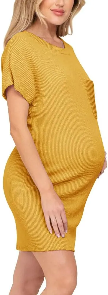 Onedreamer Women's Maternity Dress Rib Knit Front Pocket Dolman Short Sleeve T Shirts Dress