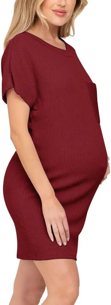 Onedreamer Women's Maternity Dress Rib Knit Front Pocket Dolman Short Sleeve T Shirts Dress