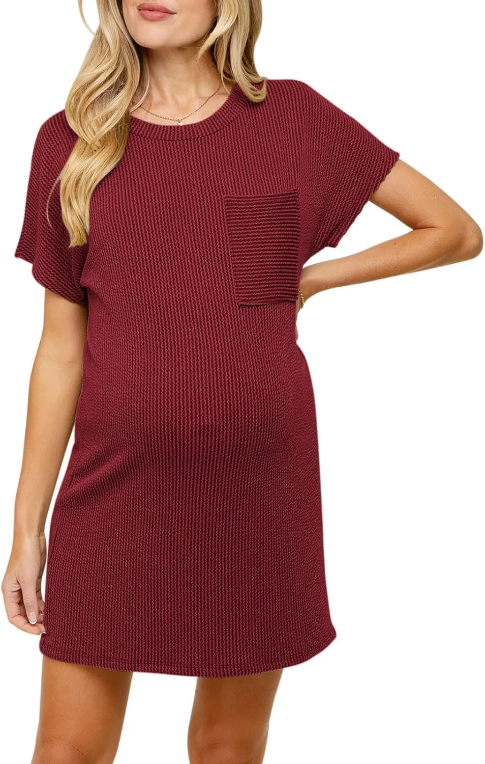 Onedreamer Women's Maternity Dress Rib Knit Front Pocket Dolman Short Sleeve T Shirts Dress