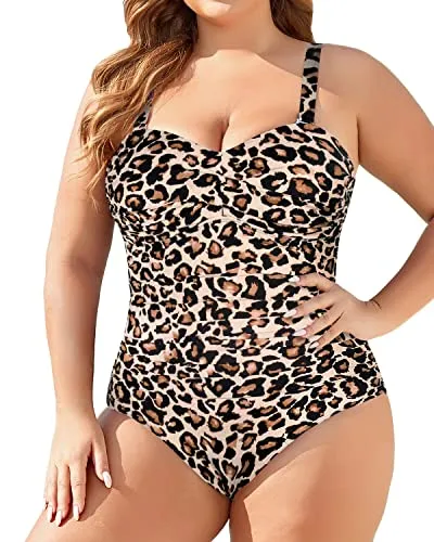 Plus Size Twist Front Swimwear Tummy Control One Piece Bathing Sui-Leopard