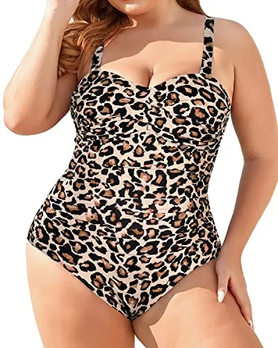 Plus Size Twist Front Swimwear Tummy Control One Piece Bathing Sui-Leopard