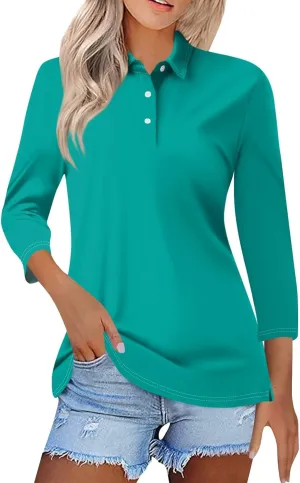 Polo Shirts for Women Summer Tops Button Down 3/4 Sleeve Golf Tees Shirts Lapel Collared Shirts Office Wear for Work