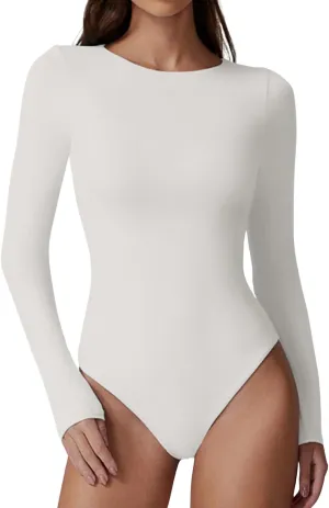 QINSEN Womens Crew Neck Long Sleeve Bodysuit Double Lined Body Suits Basic T-Shirt Tops