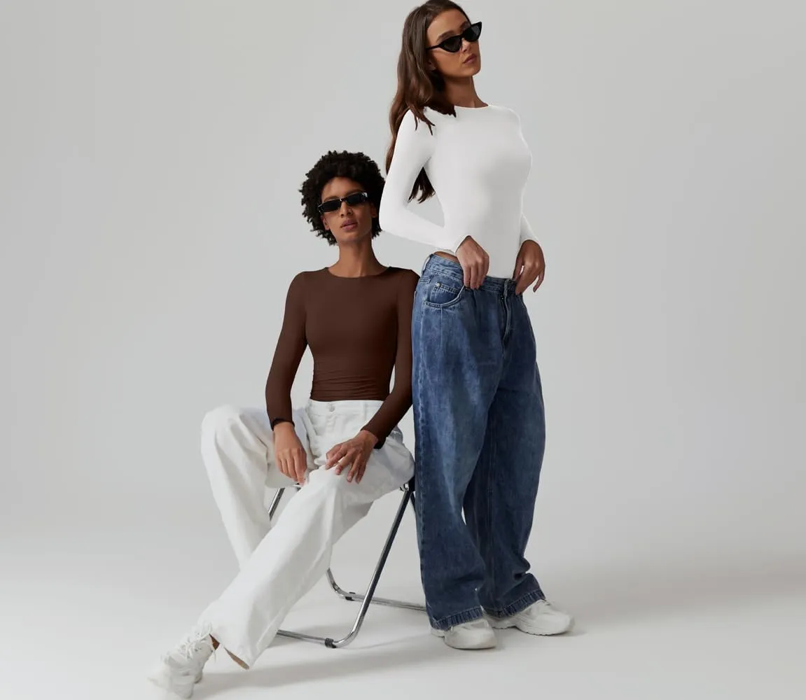QINSEN Womens Crew Neck Long Sleeve Bodysuit Double Lined Body Suits Basic T-Shirt Tops