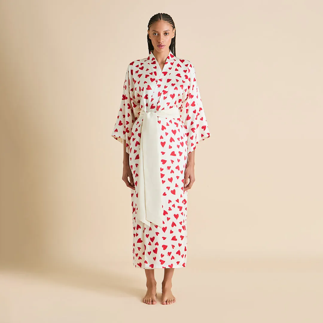 Queenie Amore Red Heart Robe in Silk Satin