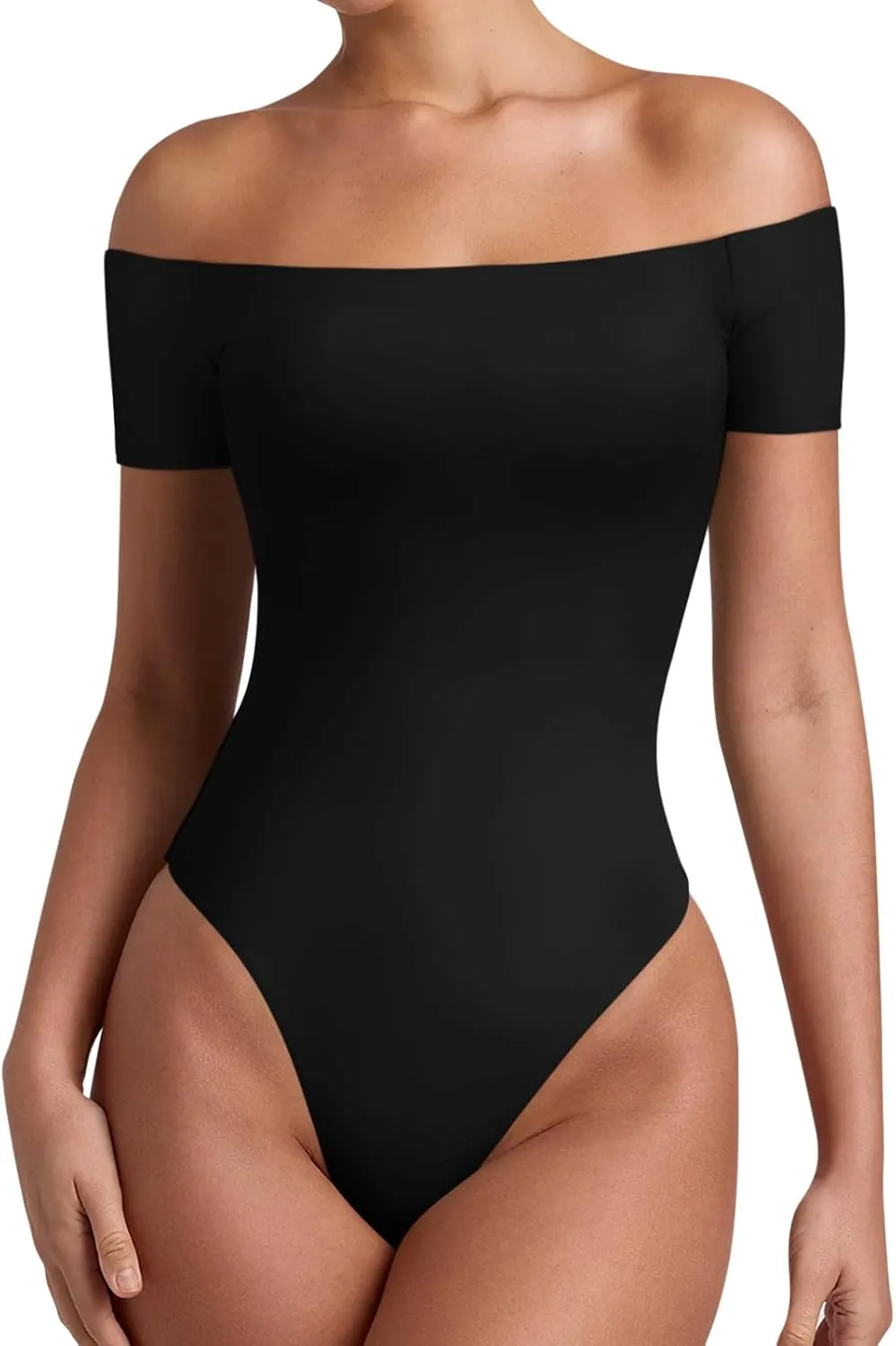 REORIA Women Sexy Off The Shoulder Short Sleeve Backless Basic Double Lined Thong Bodysuit Tops