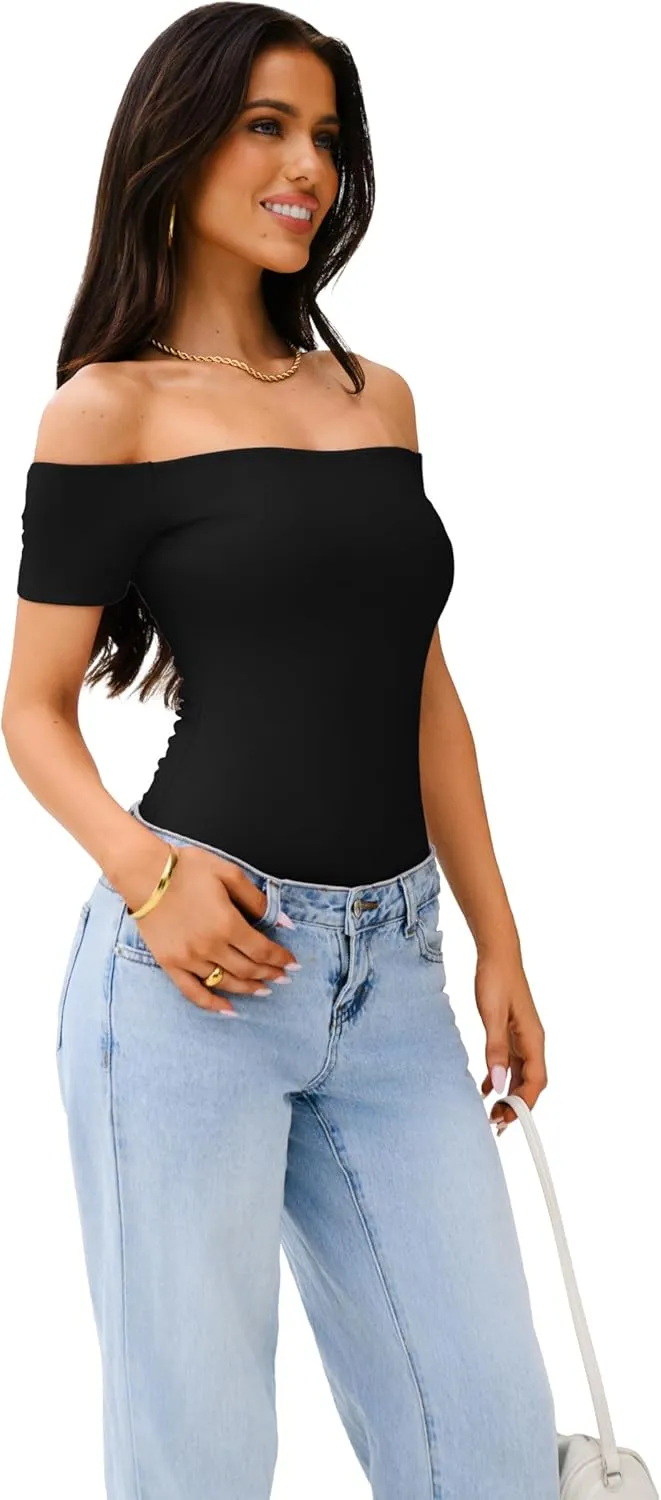 REORIA Women Sexy Off The Shoulder Short Sleeve Backless Basic Double Lined Thong Bodysuit Tops