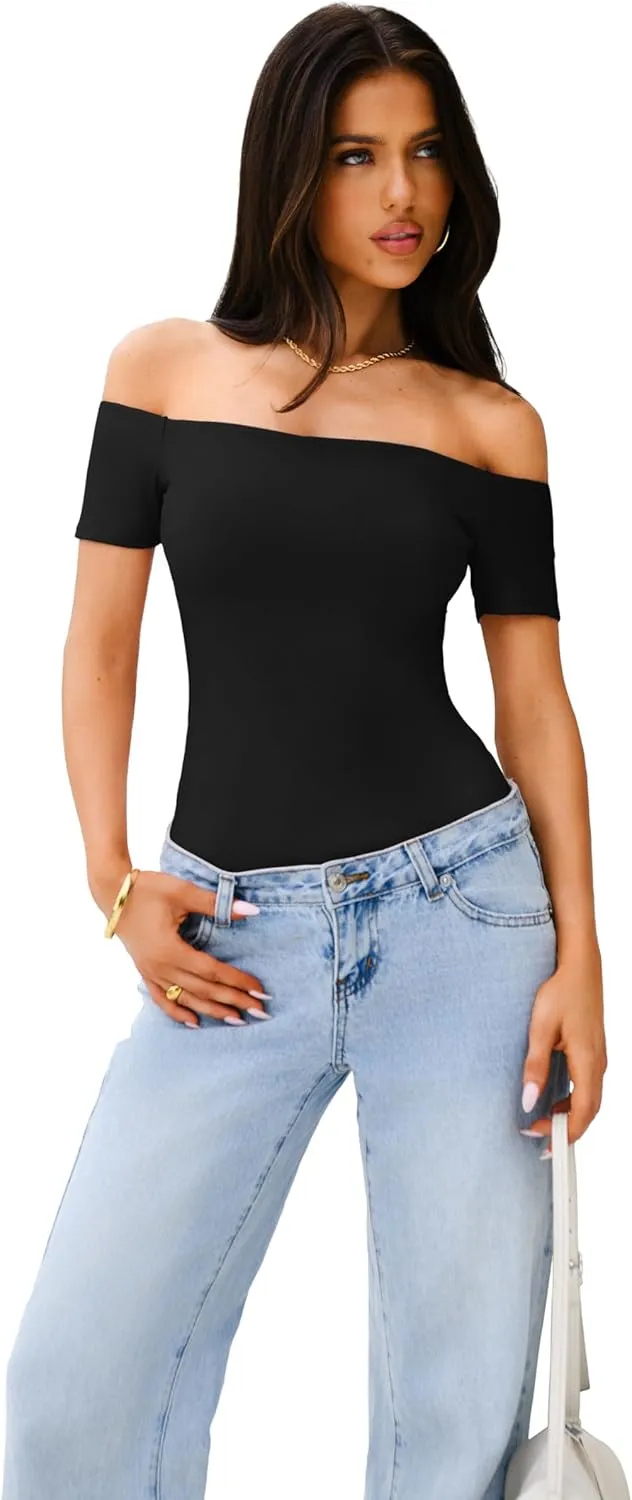 REORIA Women Sexy Off The Shoulder Short Sleeve Backless Basic Double Lined Thong Bodysuit Tops