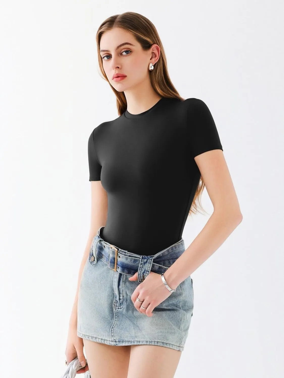 REORIA Womens Crew Neck Short Sleeve Thong Bodysuits Double Lined Comfy Slim T Shirt Tops